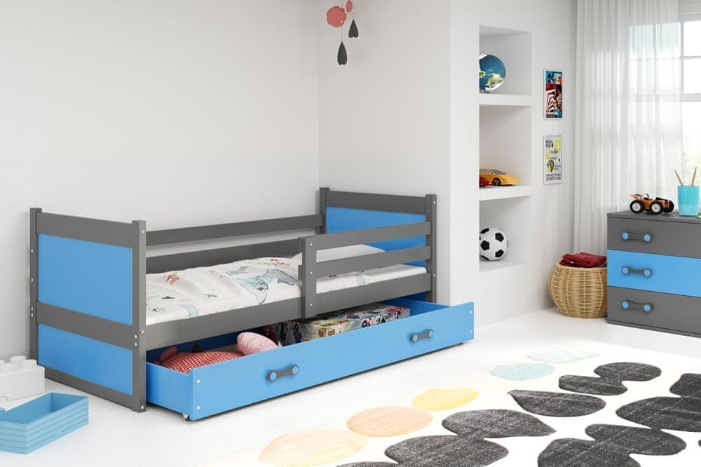 eoshop Detská posteľ Rico 1 80x190, s úložným priestorom - 1 osoba - Grafit, Modrá